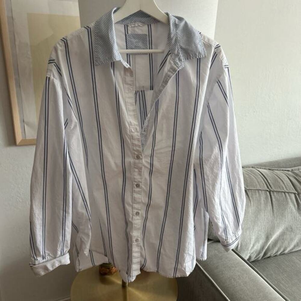 American Eagle Nautical Coastal Shirt M Oversized Striped White Preppy